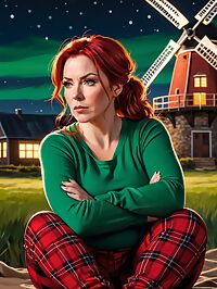 A 42 year old woman with red hair and white streaks stands near a windmill under the bright moonlight