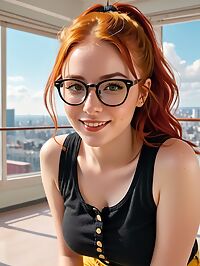 A 27 year old woman with red hair wearing black shirt and yellow shorts sits in surprise