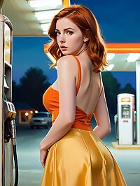Auburn haired woman in a backless orange dress stands at a gas pump under neon lights