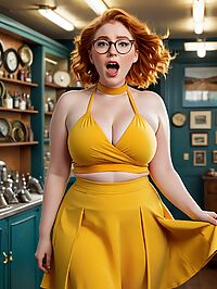 A curvy 18 year old girl with ginger hair and hazel eyes