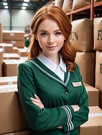 A woman in green school uniform ginger hair and enchanting features stands amidst fun filled bags