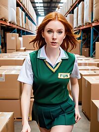 A woman in green school uniform ginger hair and enchanting features stands amidst fun filled bags