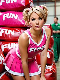 Cheerleader in pink uniform shows off her massive fun bags